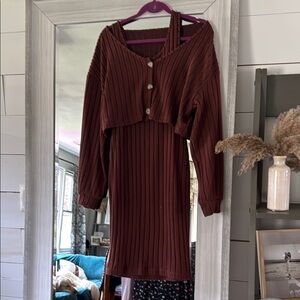 Brown Ribbed Off-Shoulder Dress